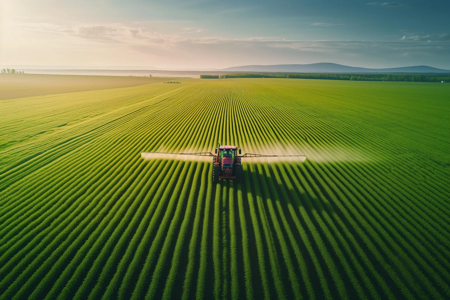 Expansive farmland with precision crop protection between green crop rows