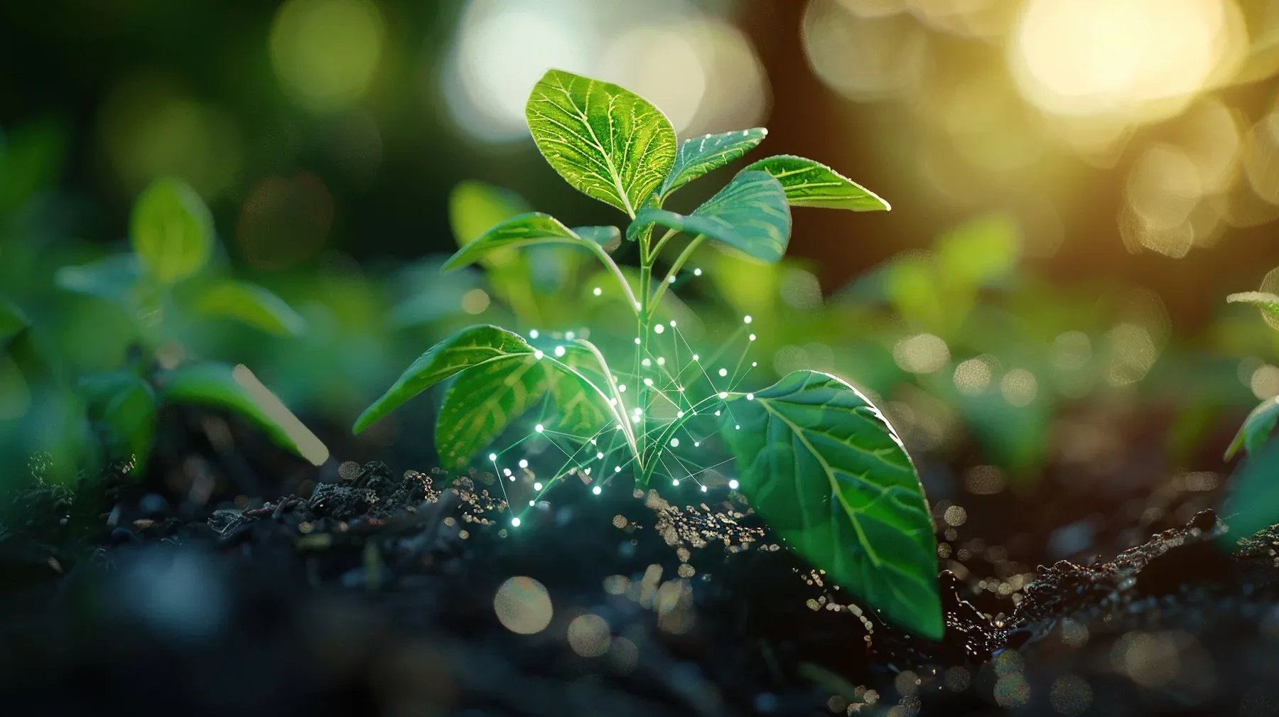Healthy green seedlings with illuminated connections representing agricultural innovation