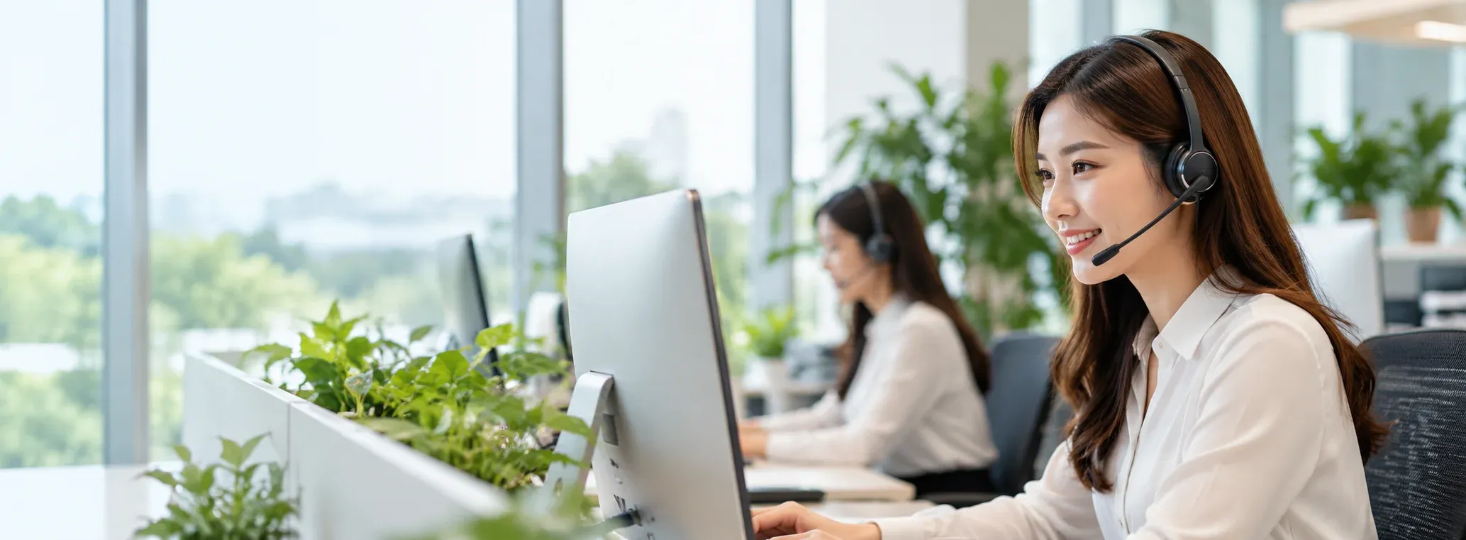 Customer support representative wearing a headset in a bright office